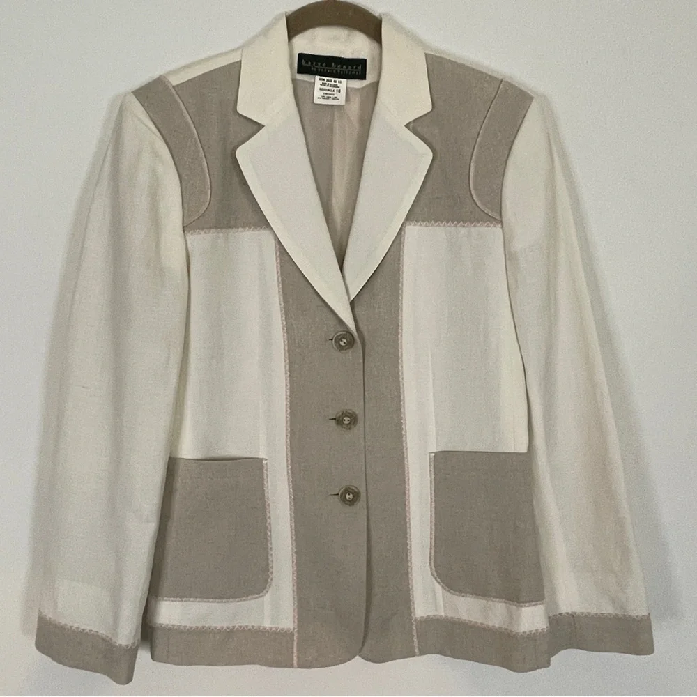 Vintage Harve Benard Cream & Tan Linen Blend Jacket Size 10